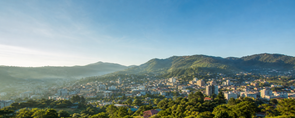 Mbabane cityscape and green highlands at sunrise